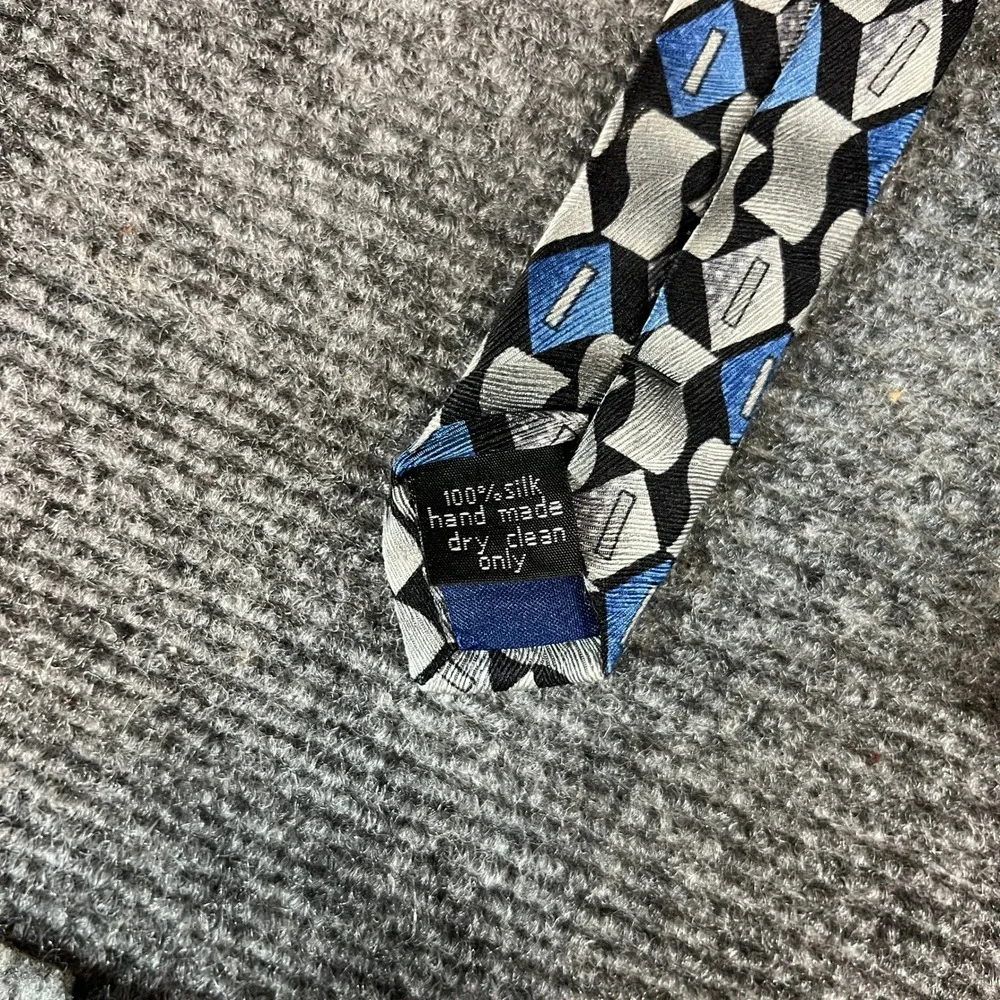 Carlos Devenezia Mens Silk Tie Blue Grey Black Geometric Handmade 60x4